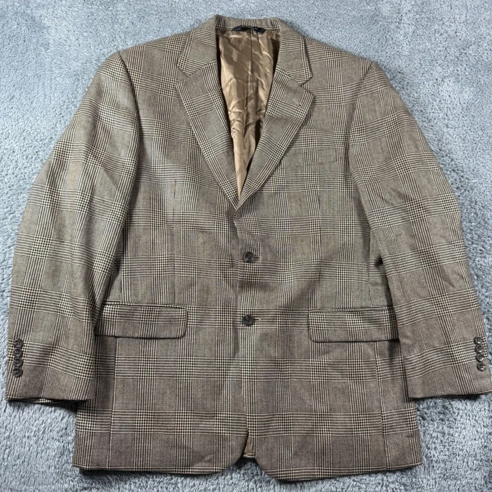 Jos. A. Bank Sport Coat Mens 42R Tan Silk Camel Hair Glen Plaid Blazer Jacket